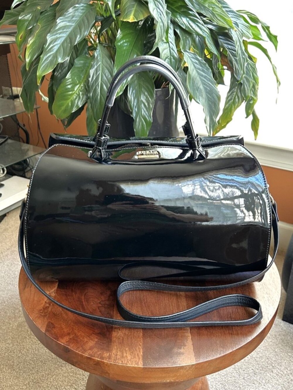 FURLA Leather and Patent Two-Way Boston Bag, Black